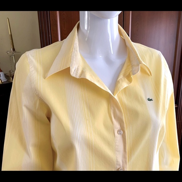 Lacoste yellow cotton woman dress shirt thin white stripes crocodile logo US 10 - Picture 2 of 15